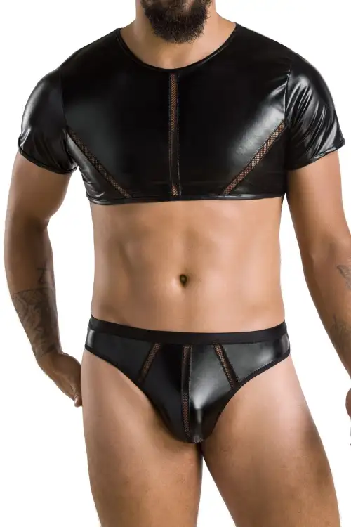 Комплект мужского белья под латекс Passion 057 Set Peter L/XL Black, кроп-топ, стринги photo 1