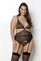 Корсет с пажами Passion Amberly Corset 4XL/5XL black, ассиметричный крой, кружева, стринги photo 1